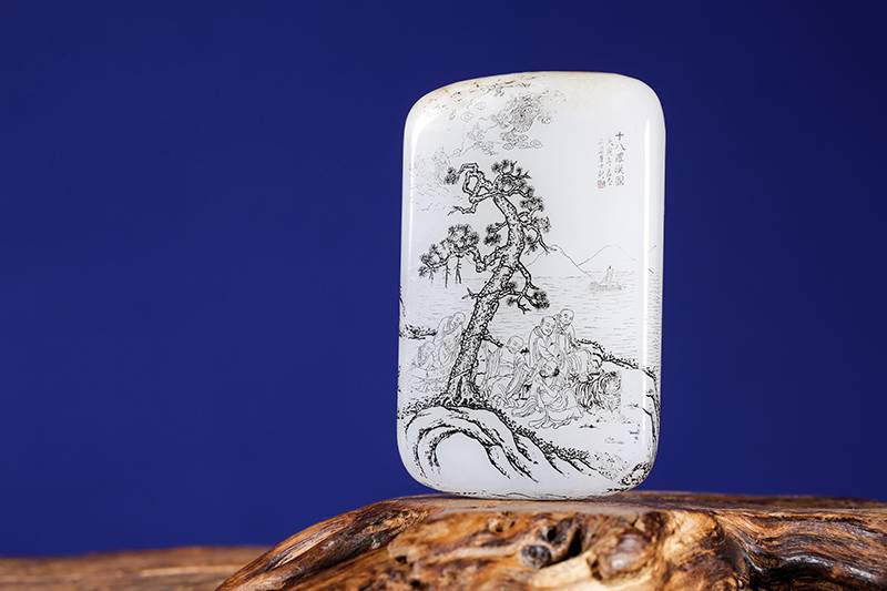 中古 和田玉 象彫 漢代風 手持玉 CL0081 12周年大拍·郭文安作品“十八罗汉图”玉上修行，随身道场和田玉鉴定保养